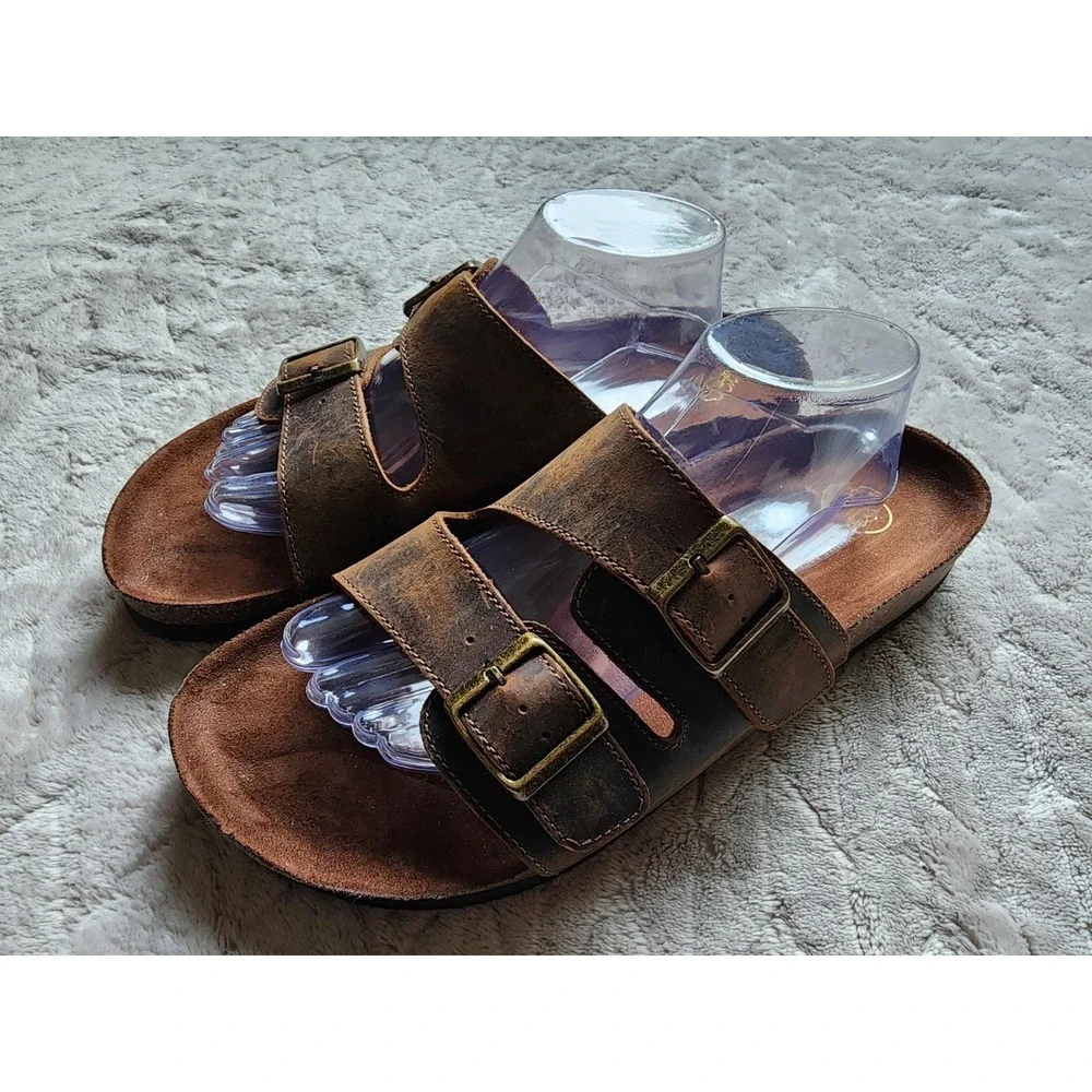 White Mountain Helga Brown Leather Sandals Mens 11 Hampton Slide Footbeds